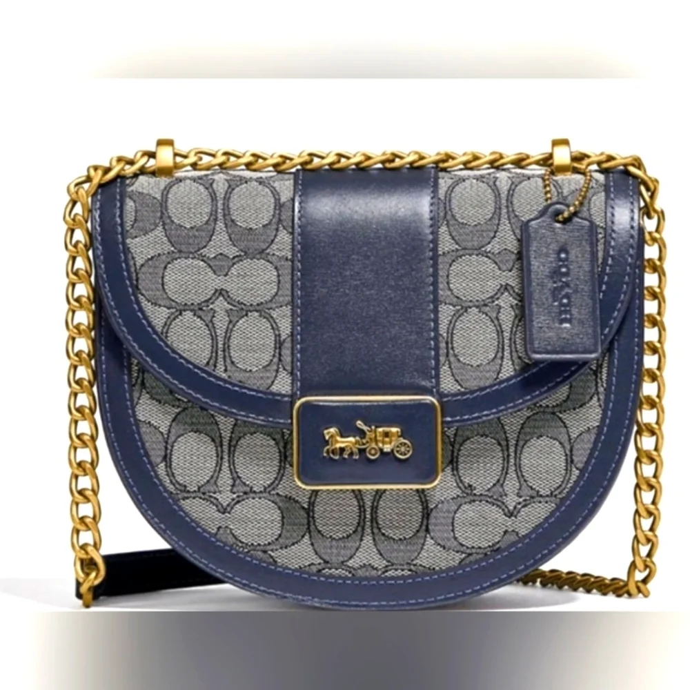 Coach Alie Saddle Crossbody Bag Navy Blue and Gold‎ Signature Jacquard Purse - Picture 6 of 14